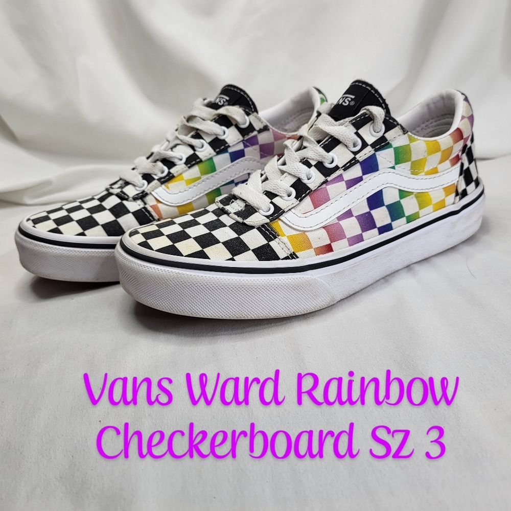Vans Ward Rainbow Checkerboard Sz. 3 Missy Slip Ons